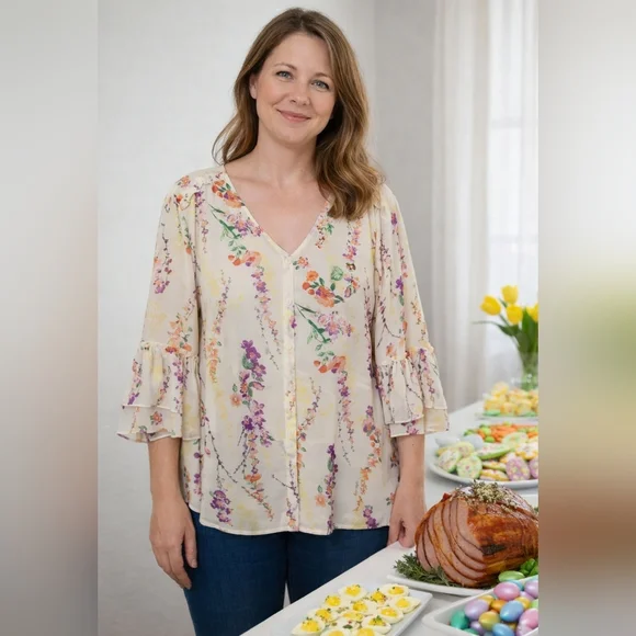 Belle By Kim Gravel Floral Ruffle Sleeve Top Size 2X - Picture 1 of 13